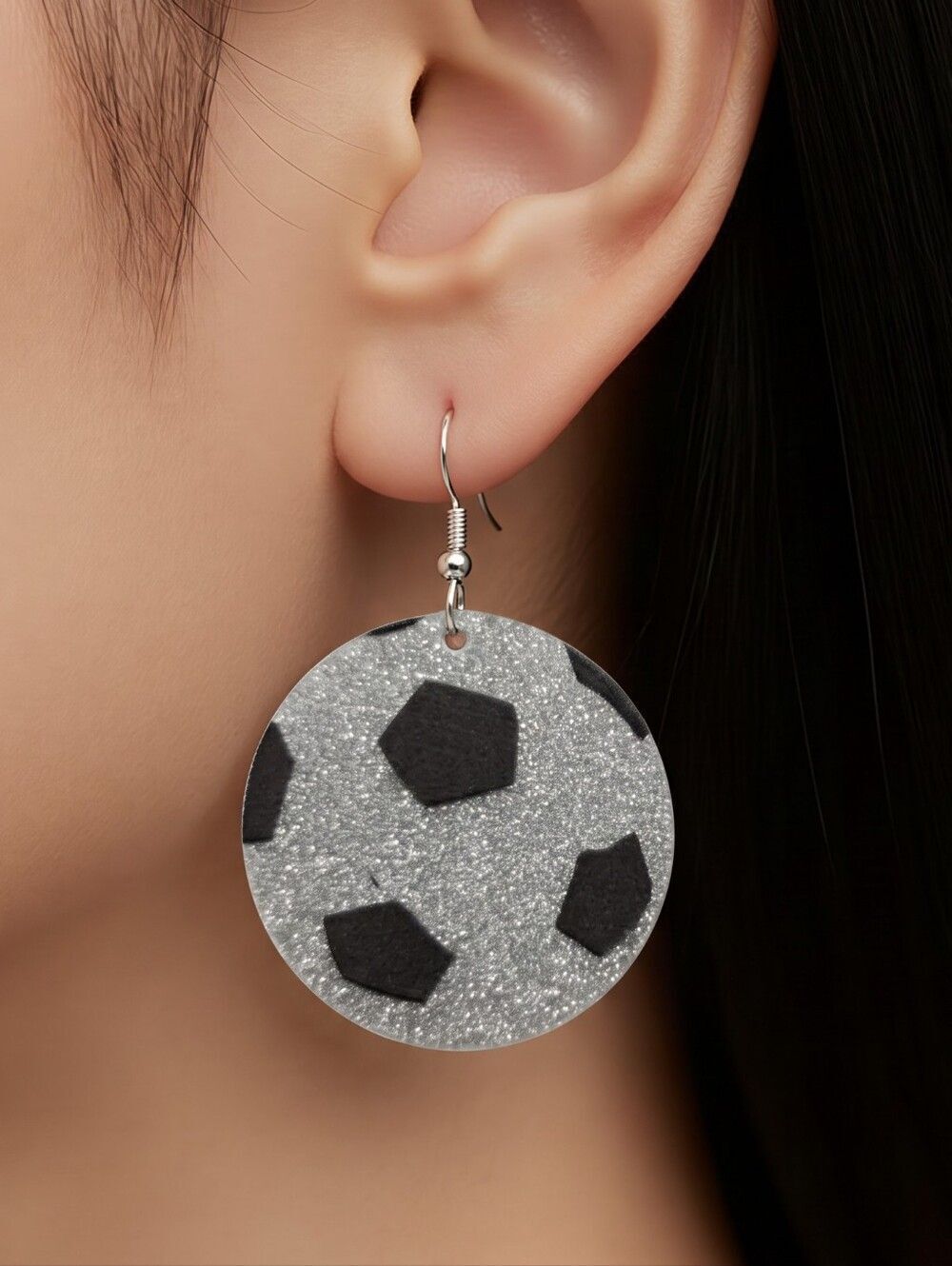 Soccer Ball Earrings Large Glitter Acrylic Dangle Pierced Sport Fan Jewelry